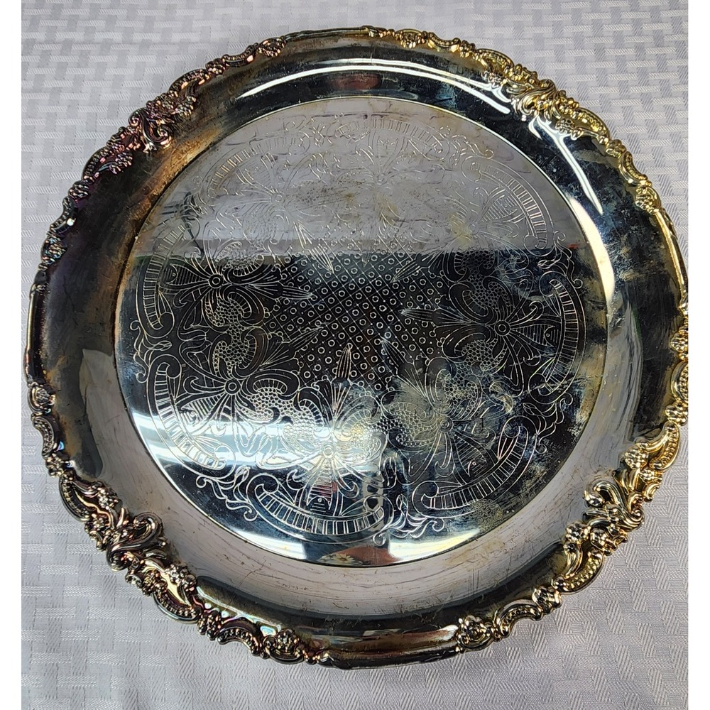 Godinger GSA Silver Art Co. Ltd. Silver Plate 12.5" Round Tray w/floral scrolls